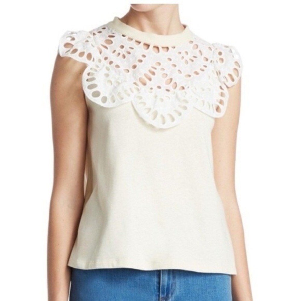 See By Chloe Sleeveless Top Eyelet Scalloped Collar Butter Cream Womens S